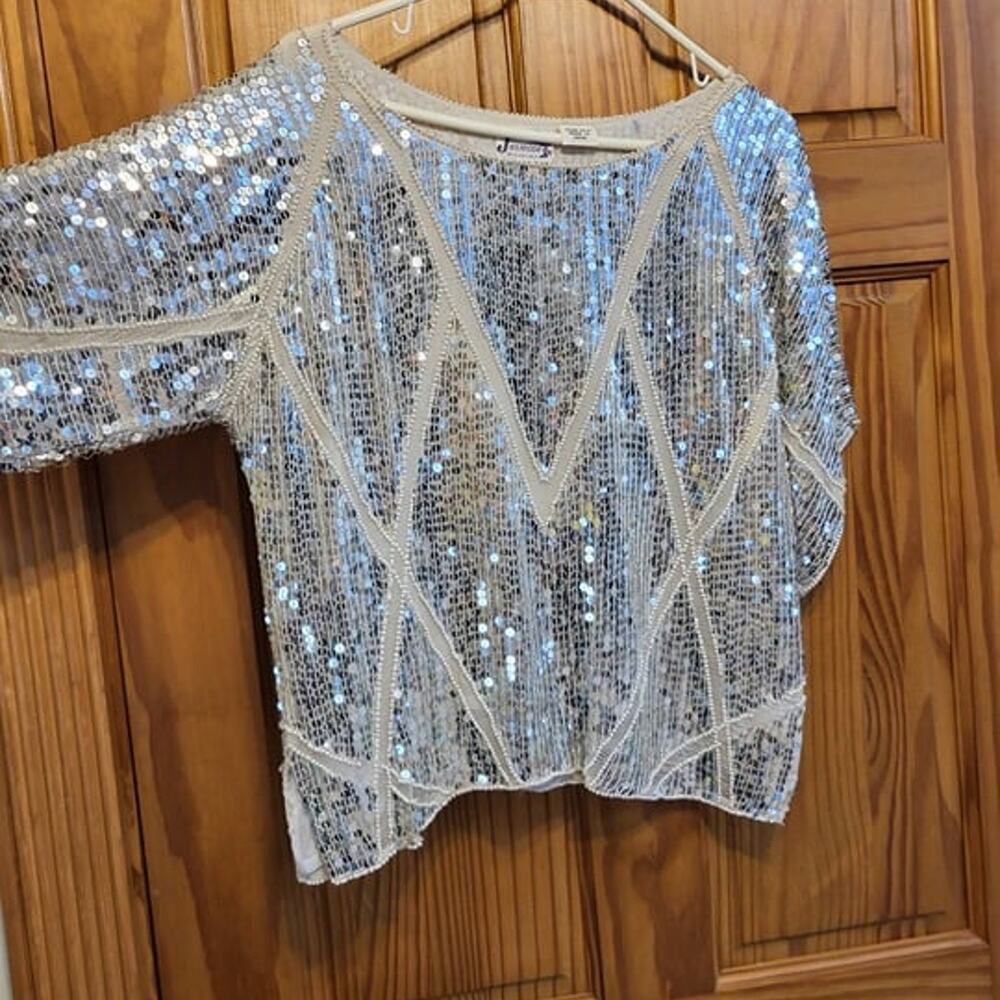 JASMINE BY KVM CALIFORNIA Vintage Silver Beaded Silk Blouse Top Sz L